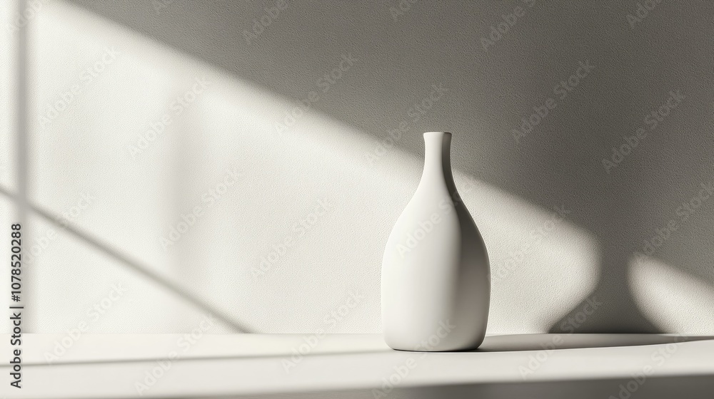 Poster a modern white bottle on a white surface with soft lighting, creating a serene aesthetic