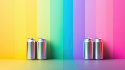 Fototapeta premium A modern, bold banner featuring three aluminum cans in front of a rainbow gradient, symbolizing equality and diversity, with room for message