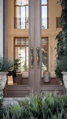 Elegant entrance doors with brass handles, framed by lush greenery, leading to a stylish interior with large windows.