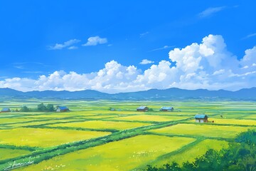 Fototapeta premium A Vibrant Summer Landscape with Houses and Rolling Hills