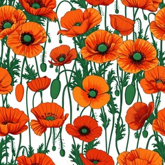 Obraz premium Green Poppy flower pattern design illustration on plain background seamless wallpaper print