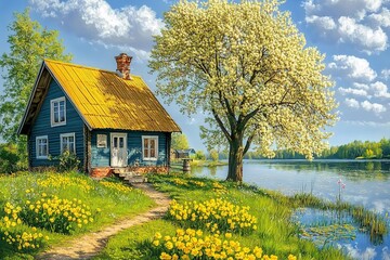 Watercolor paintings spring landscape with house and trees. Beautiful lilac flowers in the garden, watercolor lilac, artwork, fine art
