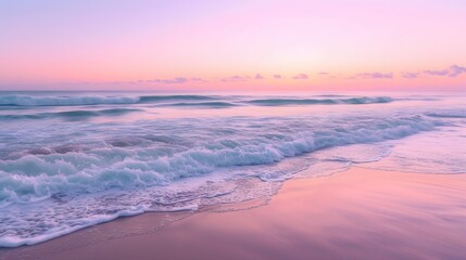 Fototapeta premium Soft waves crashing onto a deserted beach soaked in pastel sunrise AI generated illustration