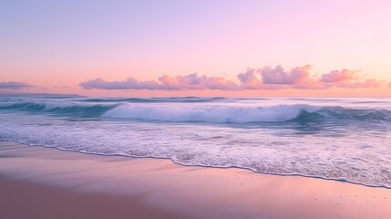Fototapeta premium Soft waves crashing onto a deserted beach soaked in pastel sunrise AI generated illustration