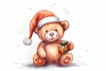 Festive Illustration of Cute Teddy Bear in Santa Hat Holding Colorful Presents for Holiday Joy and Family Celebration