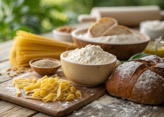 Fototapeta premium Freshly Milled Flour, Homemade Bread, and Artisan Pasta Ingredients Displayed in a High Depth of Field Setting for Culinary Enthusiasts and Food Photography Lovers
