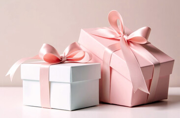 Obraz premium Two elegantly wrapped gift boxes in pastel colors sit on a smooth surface, ready for an upcoming celebration.