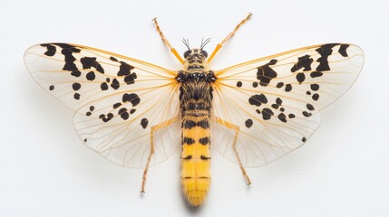 A detailed view of a spotted owlfly, a type of insect with a long, slender body and delicate wings. The insect has a yellow body with black spots and transparent wings.