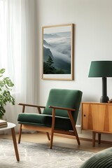 Soothing room environment with a minimalistic modern cinematic poster encased in a wooden frame AI generated illustration