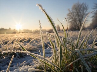 Fototapeta premium Frost-Covered Grass Blades Glimmering Under Sunlight - A Captivating Silhouette Photography of Winter Morning Beauty and Nature's Sparkling Details