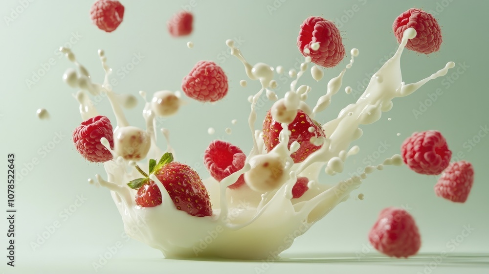 Poster a splash of milk and ripe strawberries and raspberries, frozen in motion with droplets against a smo