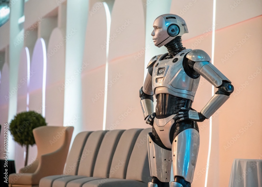 Poster futuristic ai humanoid robot standing confidently in a modern environment with ample copy space for 