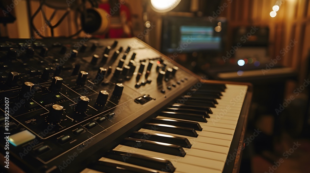Poster sparse synthesizer notes reverberating throughout a strippeddown studio ai generated illustration