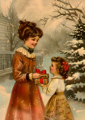 Obraz premium Vintage card with Christmas winter scene outdoor, mother giving gift to child daughter. Christmas tree with snow. Postcard. Old retro nostalgic watercolor illustration, festive, holiday season