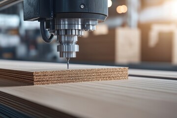 Detailed shot of a CNC machine precisely cutting into a plywood sheet, showcasing industrial precision and woodworking technology in action.