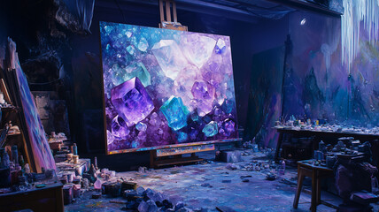 artist’s studio with an oil painting in progress, abstract design inspired by fluorite crystals, with overlapping layers of translucent purples, blues, and greens,