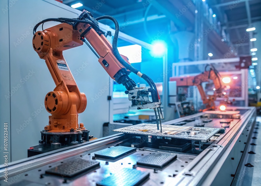 Poster futuristic industrial robotics: automated robotic arms assembling electronics in a high-tech manufac