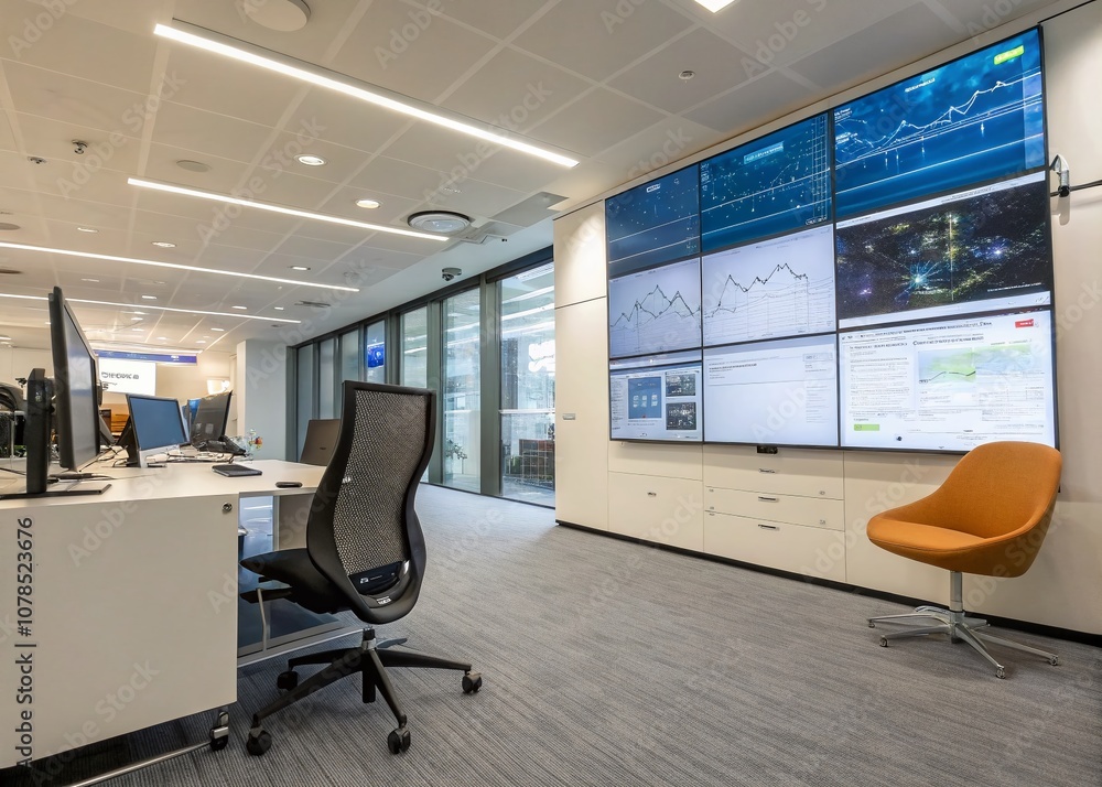 Aufkleber futuristic office space with data visualization and ergonomic design, showcasing innovative work env