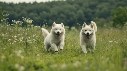 A white puppy and Samoyed dog exploring together in a lush green field, their tails wagging happily