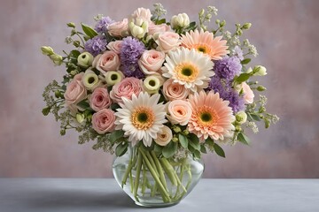 Naklejka premium Bouquet of mixed flowers in pastel shades arranged elegantly in a vase, AI Generated