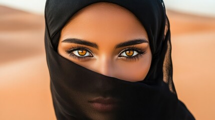 Naklejka premium Close up of a woman face with a black veil and beautiful eyes looking forward background wallpaper AI generated image