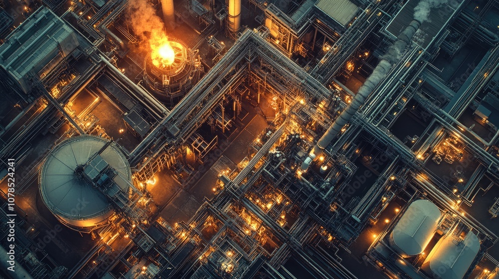 Poster bird eye view of a nuclear power plant, showcasing the complex network of energy production and infr