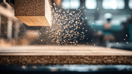 Close-up of a woodworking machine cutting through particle board, creating a spray of sawdust, showcasing precision and industrial craftsmanship.
