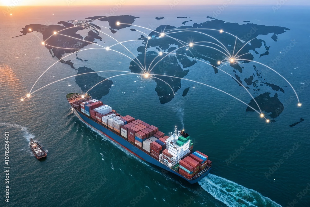 Poster global shipping and logistics concept with cargo ship on digital map featuring network connections a