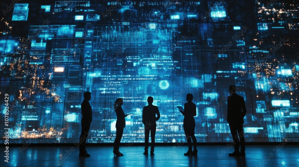 Poster Business team collaborating in front of a digital screen, showcasing the power of data and technology in transforming processes