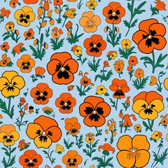 Orange Pansy flower pattern design illustration on plain background seamless wallpaper print