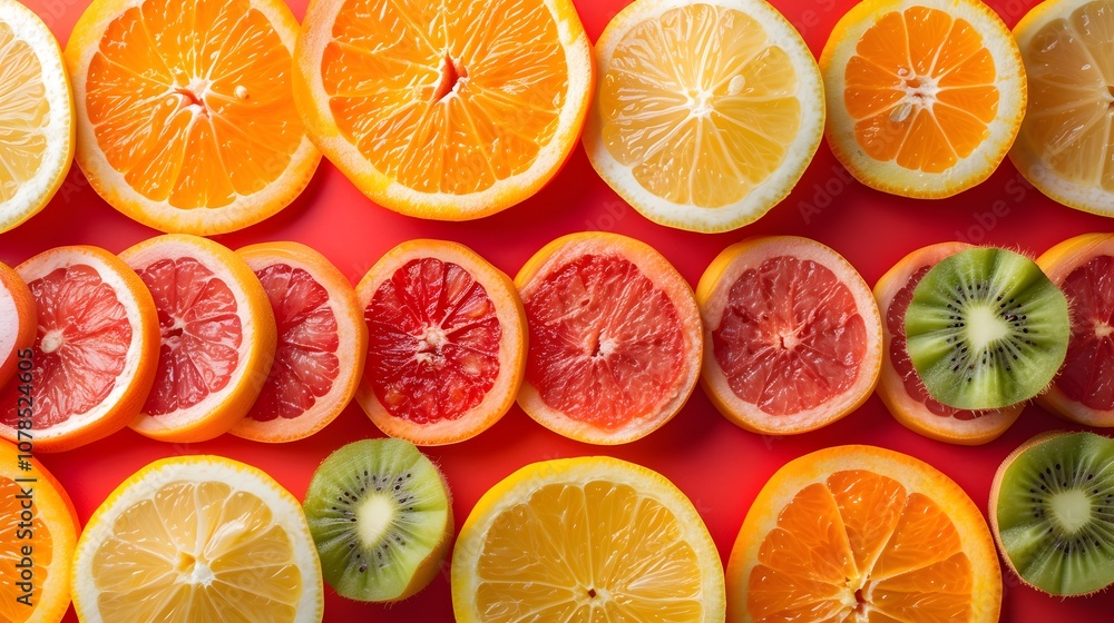 Poster stylized flat lay of assorted fruit slices arranged in a linear pattern on bright table cloth ai gen