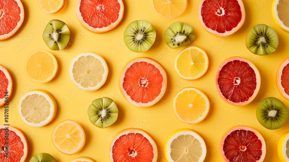 Poster stylized flat lay of assorted fruit slices arranged in a linear pattern on bright table cloth ai gen