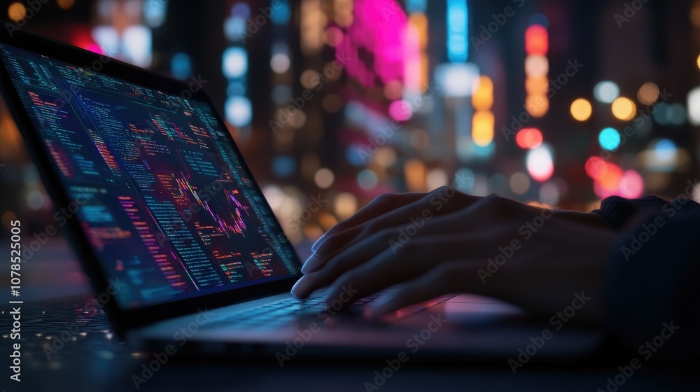 Poster close-up of hands on a laptop, with graphs and data flowing, representing intelligence-driven busine