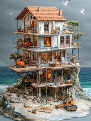 A detailed miniature model of a house under construction on a rocky cliff overlooking the ocean.
