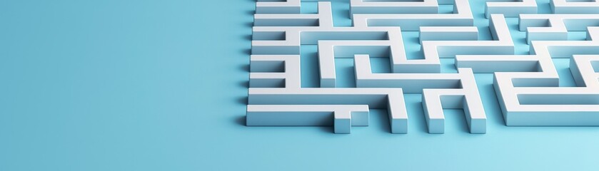 Minimalist 3D maze with white walls on a light blue background, symbolizing complexity, problem-solving, or challenge.