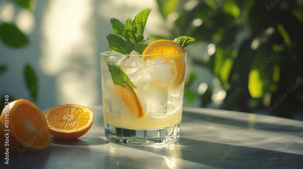 Poster cool and refreshing lemonade drink with ice, mint, and orange slices on a gray table with a soft bac
