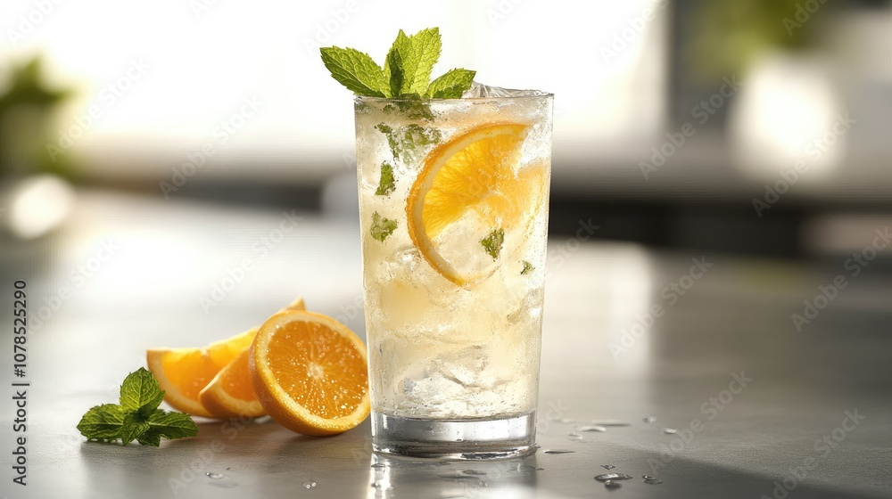 Poster cool and refreshing lemonade drink with ice, mint, and orange slices on a gray table with a soft bac
