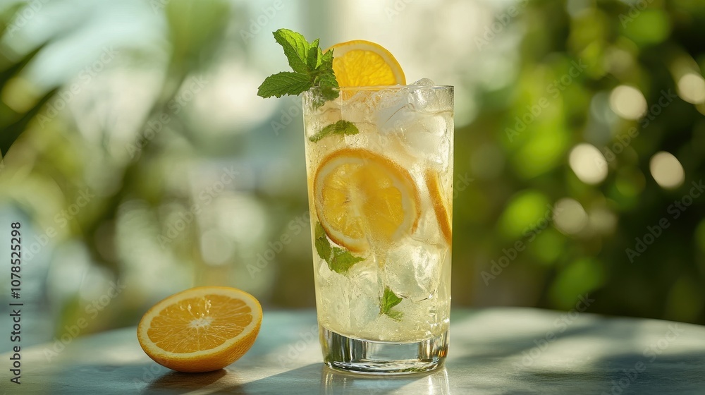 Poster cool and refreshing lemonade drink with ice, mint, and orange slices on a gray table with a soft bac