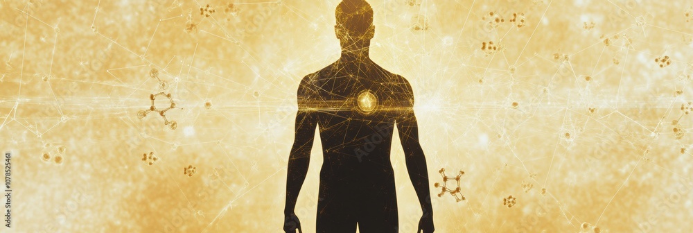 Aufkleber a human silhouette stands surrounded by vibrant molecular structures and diagrams, representing the 
