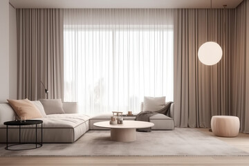 Minimalist Living Room with Beige Sofa and Large Curtains