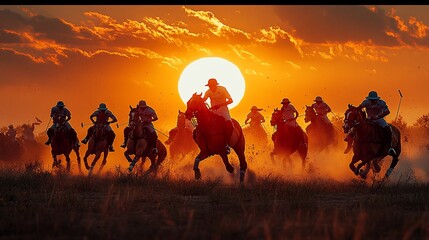 Fototapeta premium Polo players on horseback race towards the setting sun, creating a dramatic silhouette against a fiery sky.
