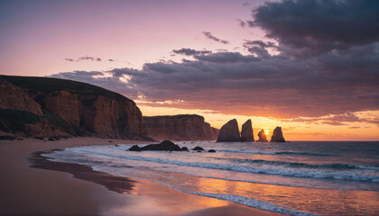 The sun sets behind rocky cliffs on a beach
