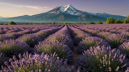 Obraz premium A field of lavender blooms with a snow-capped mountain in the distance