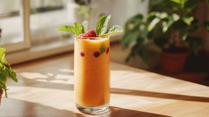 Freshly made fruit smoothie with mint and berries, presented on a wooden table with natural light for a healthy lifestyle aesthetic