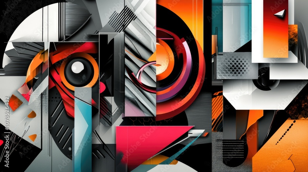 Poster futuristic graphic design with geometric shapes and abstract visuals, creating a striking and contem