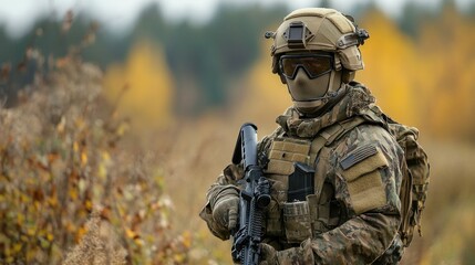 Fototapeta premium Special forces soldier full gear helmets and mask modern technology background wallpaper AI generated image