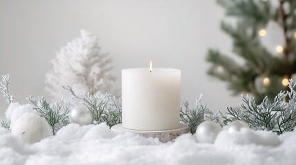 A white candle glows amidst snowy branches, ornaments, and a miniature tree, evoking a sense of winter serenity and festive warmth. Perfect for Christmas or winter holiday projects.