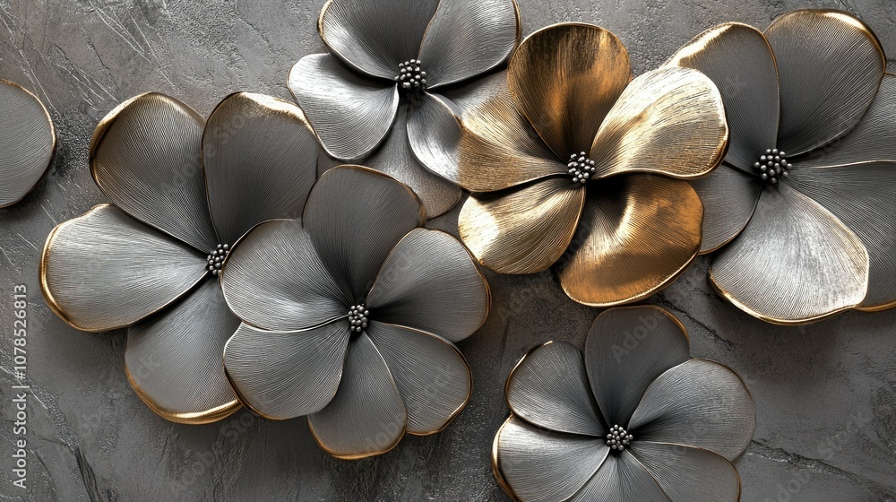 Poster metallic-textured abstract flowers with 3d render effects, capturing a sophisticated blend of nature