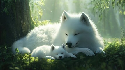Samoyed dog mother and her puppy resting peacefully together in a cozy, green outdoor environment