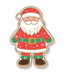 A cartoon-style full-body Santa Claus Christmas cookie sticker with a straight face, red shirt, green belt, and boots, decorated with snowflakes and stars